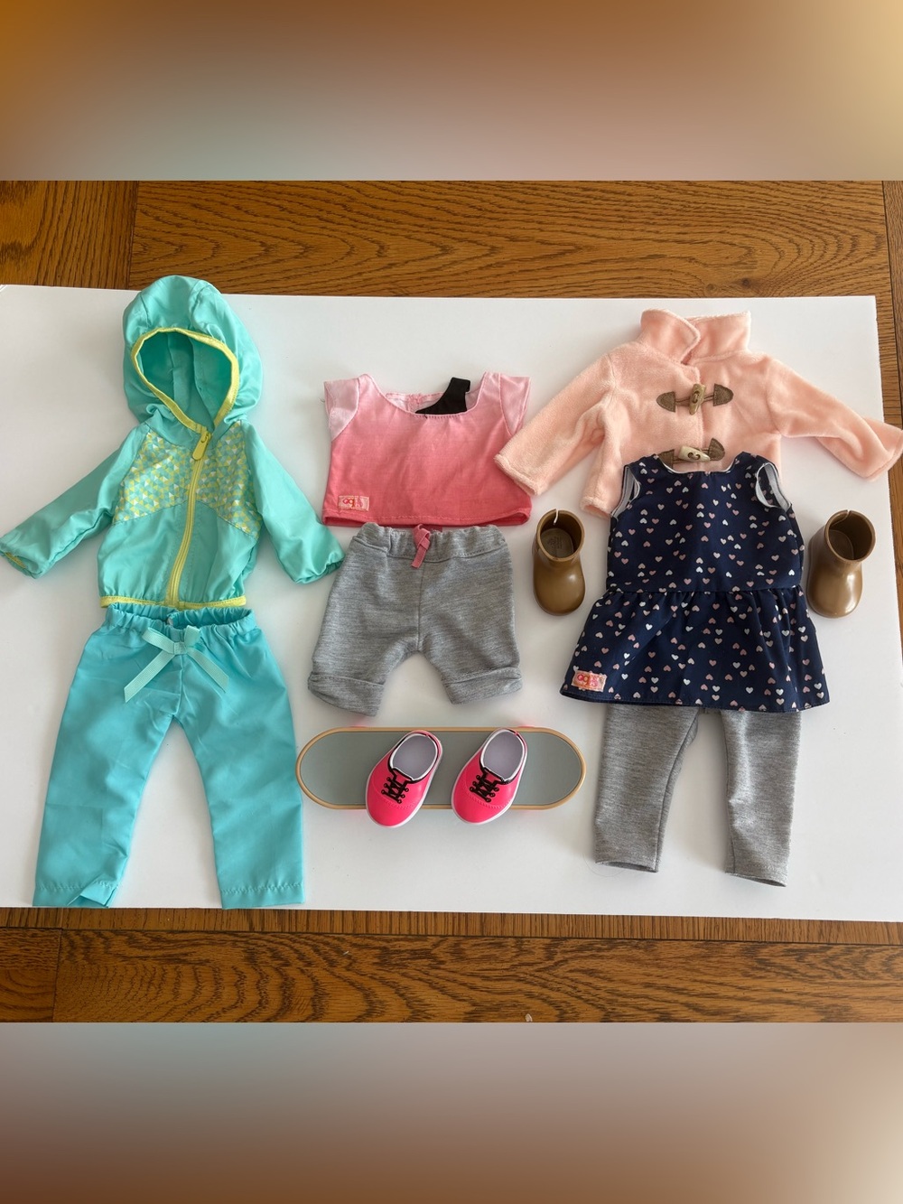 3 Our Generation Outfits Cheerfully Chilly, Skateboard & Windbreaker Set Battat